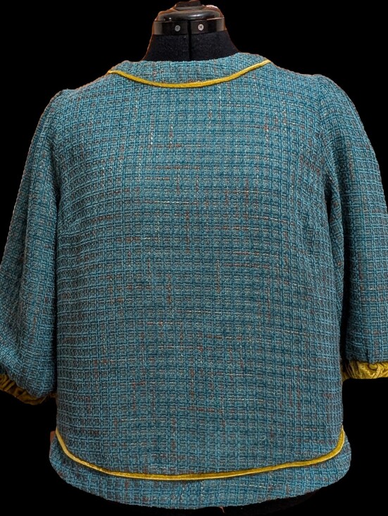 Voy Tops - Teal Bouclé Boxy Blouse with Yellow Piping